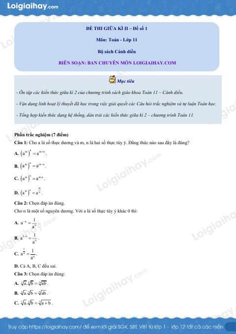 Đề thi giữa kì 2 Toán 11 Cánh diều - Đề số 1